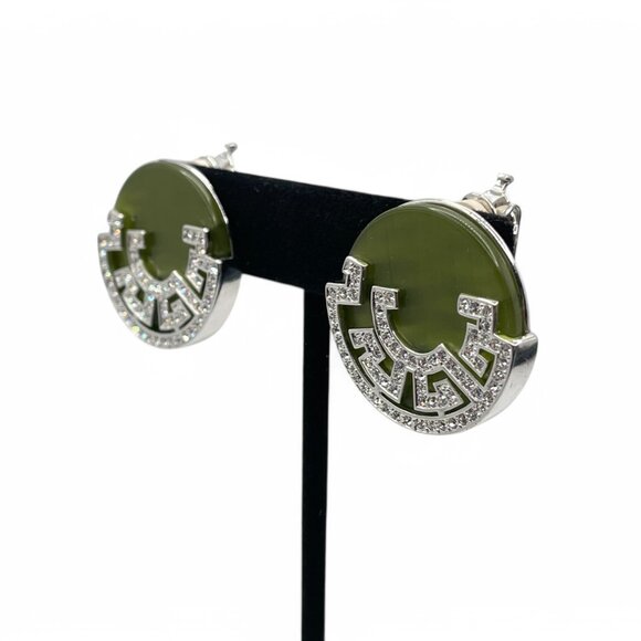 Vintage BUTLER 5th Ave Jade Glass & Pave Rhinestone Silver Tone Clip on Earrings - Picture 4 of 10